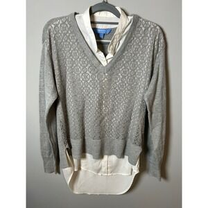 Simply Vera Vera Wang Gray Layered Look V-Neck Sweater White Shirt Under Large